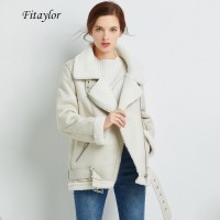 Fitaylor Winter Faux Lamb Leather Jacket Women Faux Leather Lambs Wool Fur Collar Zipper Loose Coat Female Warm Thick Outerwear